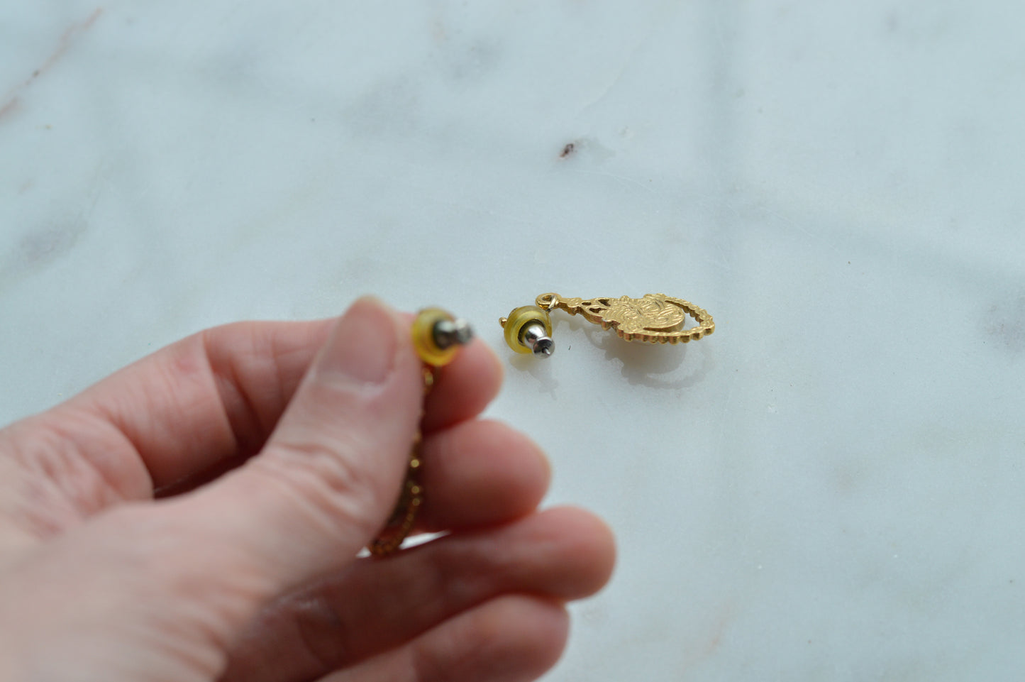 Vintage 1928 Jewelry Gold Tone Faux Pearl Dangle Earrings | Victorian Revival Filigree Drop Earrings