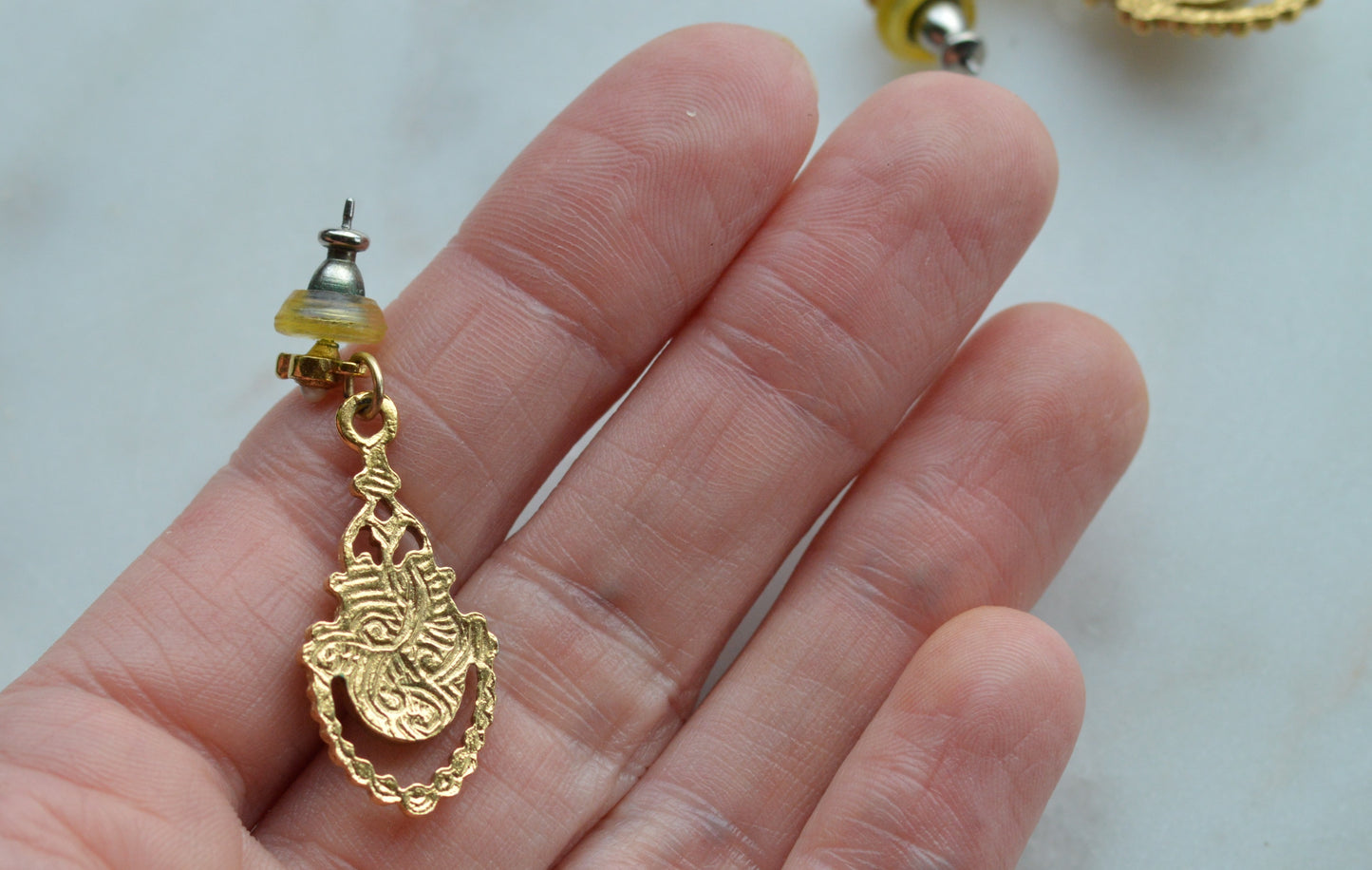 Vintage 1928 Jewelry Gold Tone Faux Pearl Dangle Earrings | Victorian Revival Filigree Drop Earrings