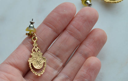 Vintage 1928 Jewelry Gold Tone Faux Pearl Dangle Earrings | Victorian Revival Filigree Drop Earrings