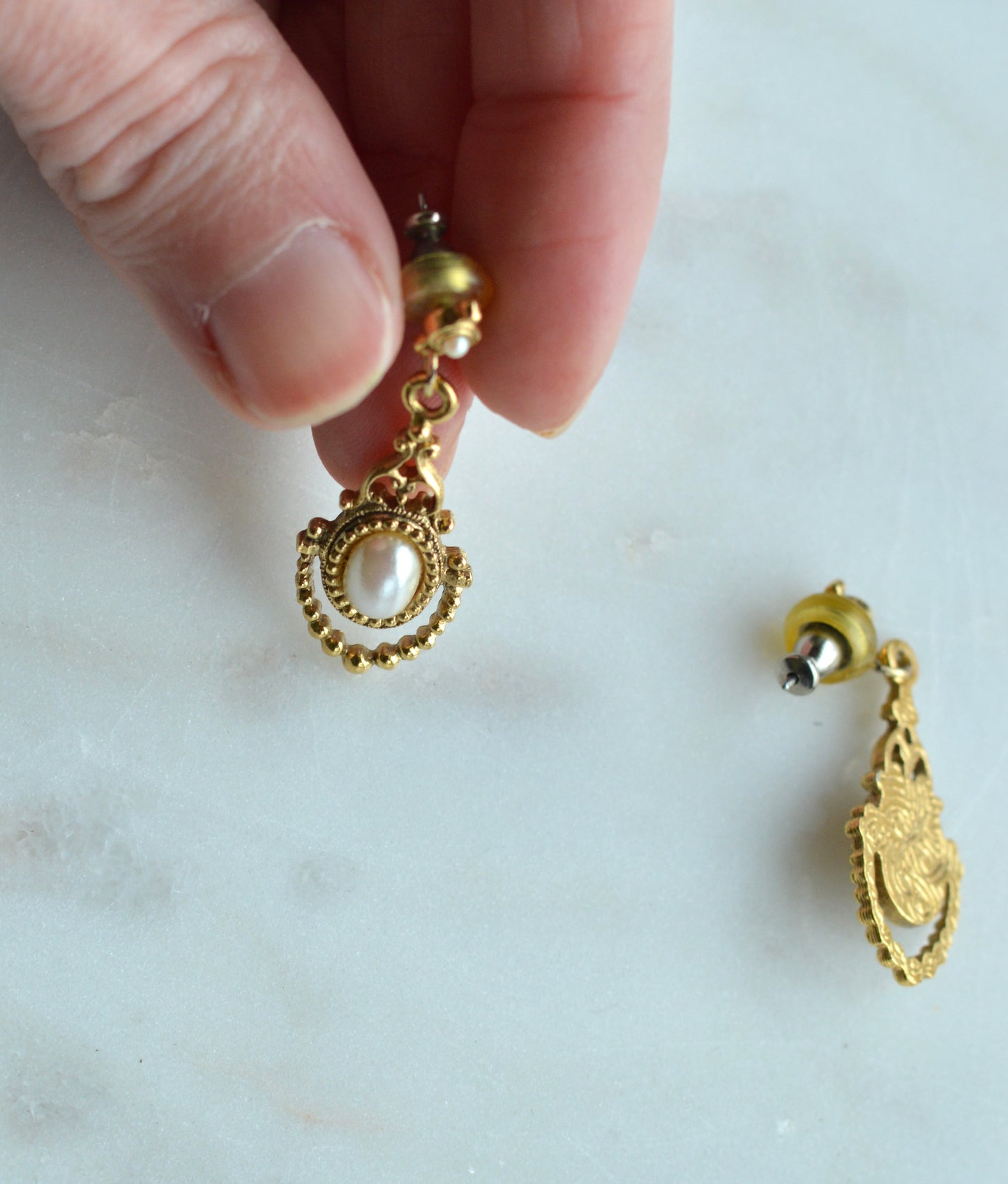 Vintage 1928 Jewelry Gold Tone Faux Pearl Dangle Earrings | Victorian Revival Filigree Drop Earrings