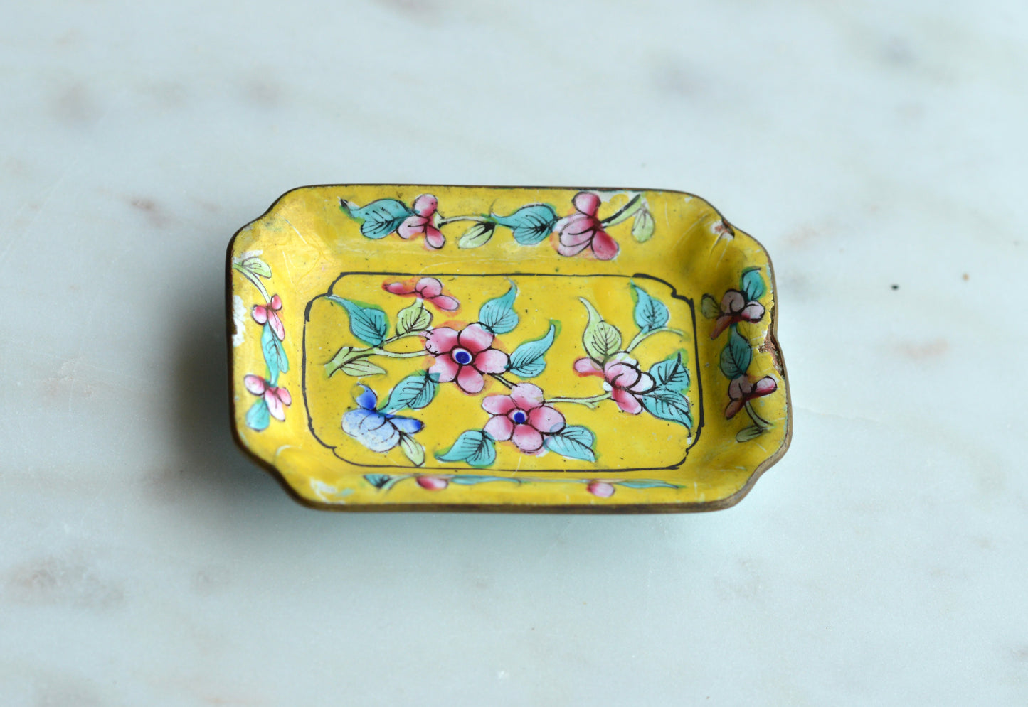 Vintage Chinese Canton Enamel Trinket Dish - Hand-Painted Bright Yellow Floral Pin Tray - Mid-Century Copper Enamelware