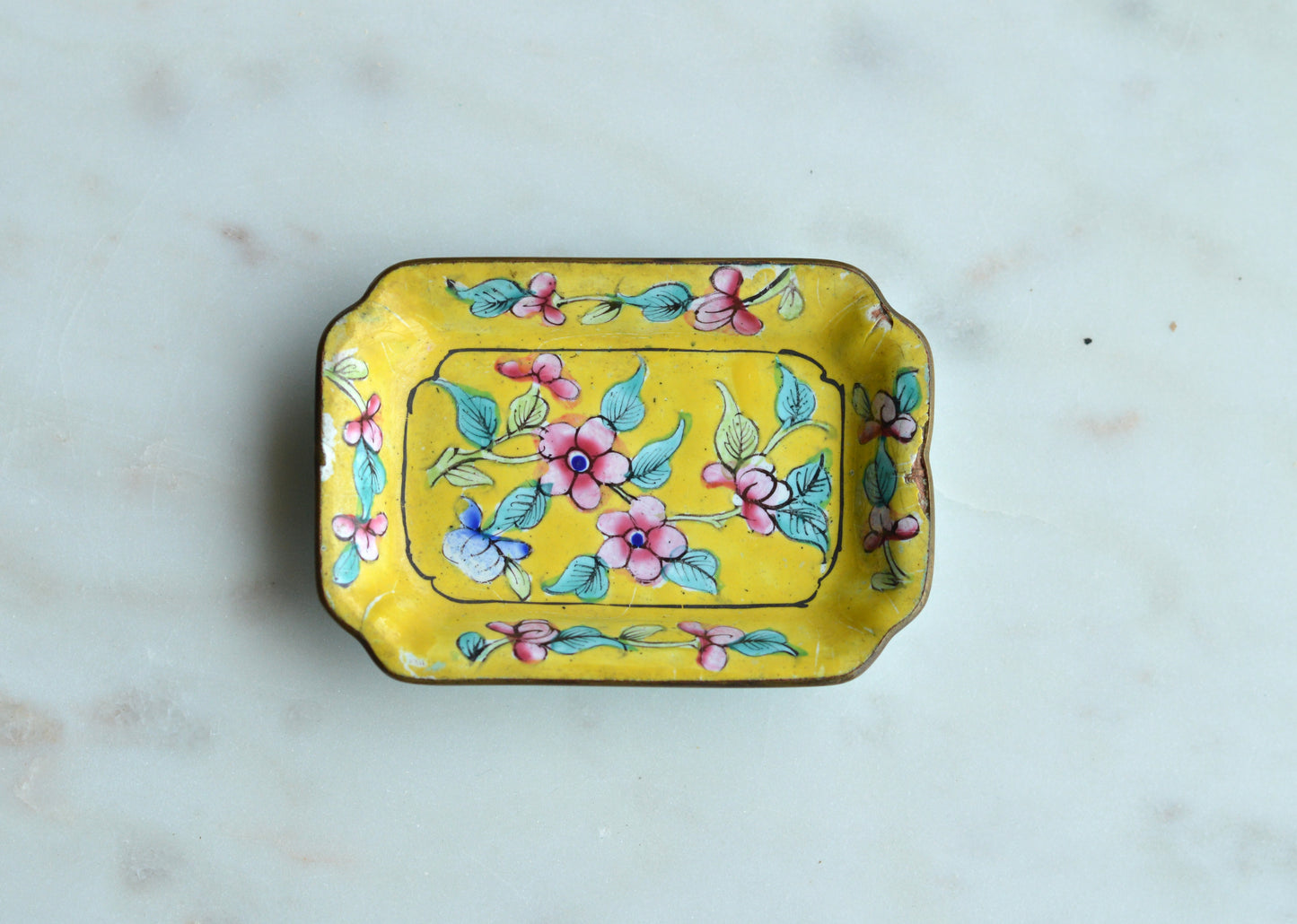 Vintage Chinese Canton Enamel Trinket Dish - Hand-Painted Bright Yellow Floral Pin Tray - Mid-Century Copper Enamelware