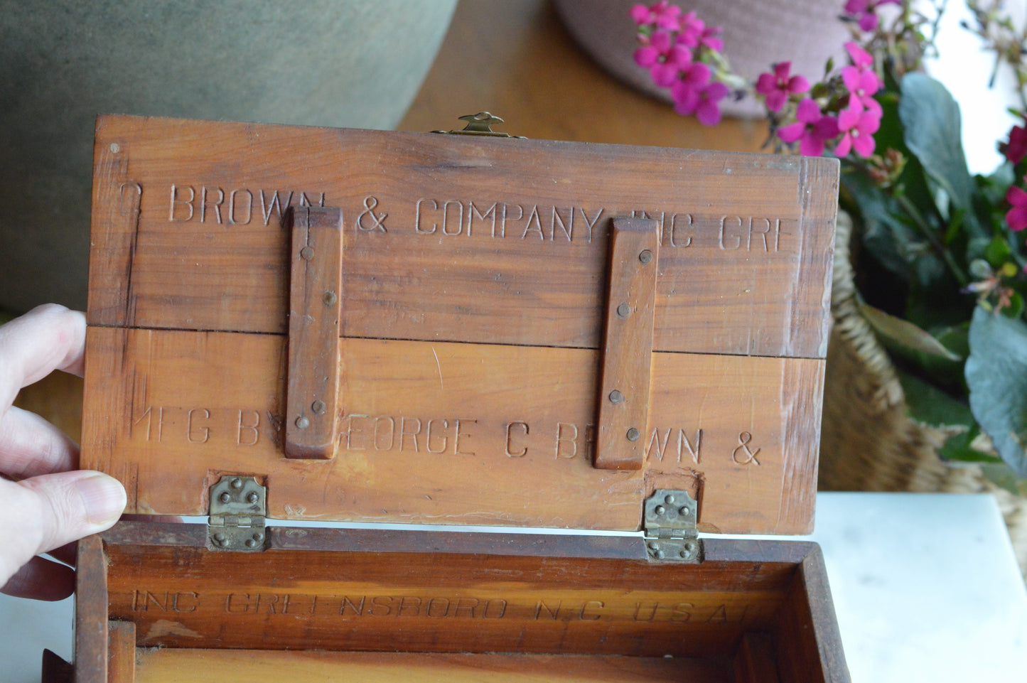 Vintage George C. Brown & Co. Cedar Keepsake Box – Antique Greensboro NC Advertising Crate, Rustic Wooden Treasure Chest