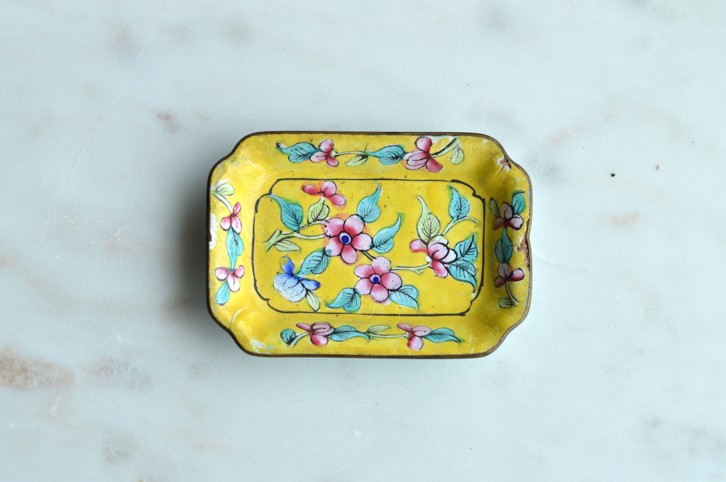 Vintage Chinese Canton Enamel Trinket Dish - Hand-Painted Bright Yellow Floral Pin Tray - Mid-Century Copper Enamelware