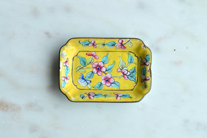 Vintage Chinese Canton Enamel Trinket Dish - Hand-Painted Bright Yellow Floral Pin Tray - Mid-Century Copper Enamelware