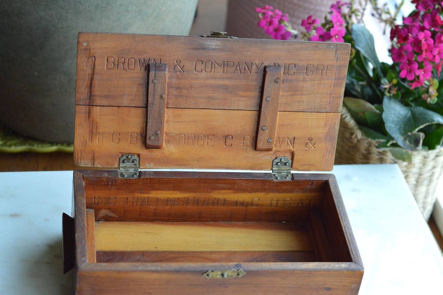 Vintage George C. Brown & Co. Cedar Keepsake Box – Antique Greensboro NC Advertising Crate, Rustic Wooden Treasure Chest