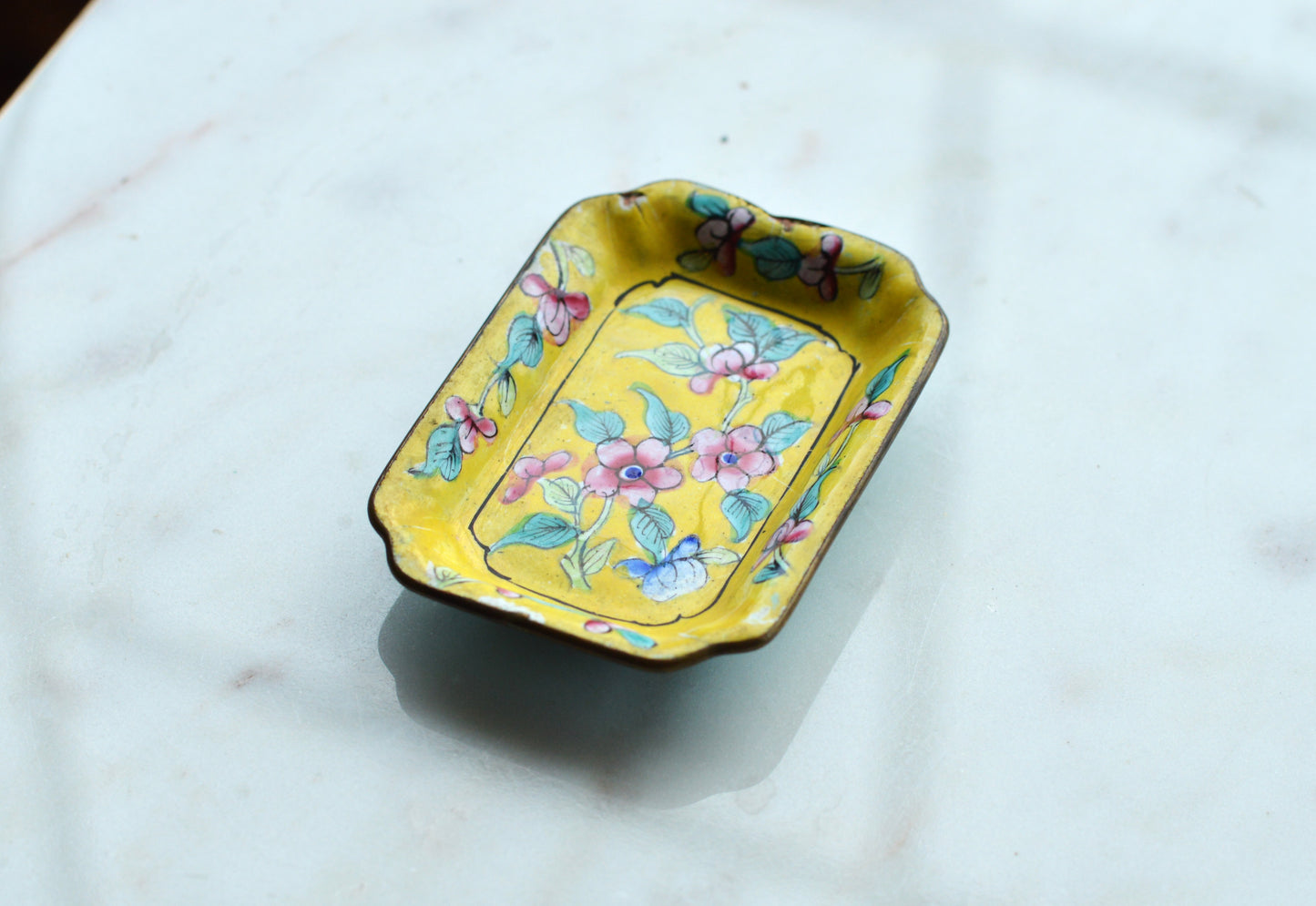 Vintage Chinese Canton Enamel Trinket Dish - Hand-Painted Bright Yellow Floral Pin Tray - Mid-Century Copper Enamelware