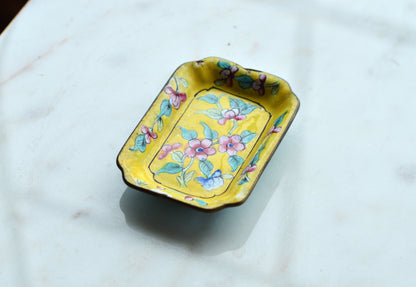 Vintage Chinese Canton Enamel Trinket Dish - Hand-Painted Bright Yellow Floral Pin Tray - Mid-Century Copper Enamelware