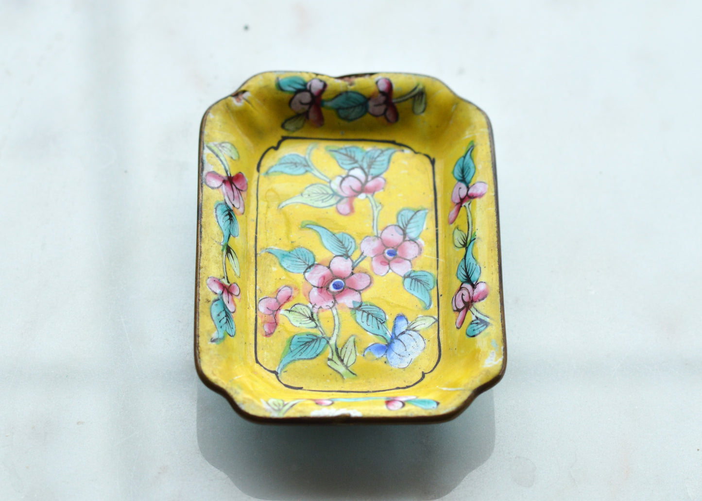Vintage Chinese Canton Enamel Trinket Dish - Hand-Painted Bright Yellow Floral Pin Tray - Mid-Century Copper Enamelware