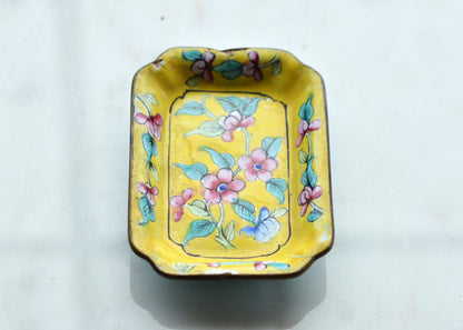 Vintage Chinese Canton Enamel Trinket Dish - Hand-Painted Bright Yellow Floral Pin Tray - Mid-Century Copper Enamelware