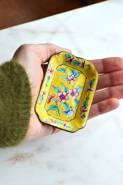 Vintage Chinese Canton Enamel Trinket Dish - Hand-Painted Bright Yellow Floral Pin Tray - Mid-Century Copper Enamelware