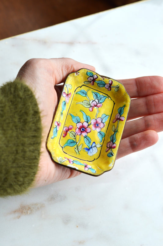 Vintage Chinese Canton Enamel Trinket Dish - Hand-Painted Bright Yellow Floral Pin Tray - Mid-Century Copper Enamelware