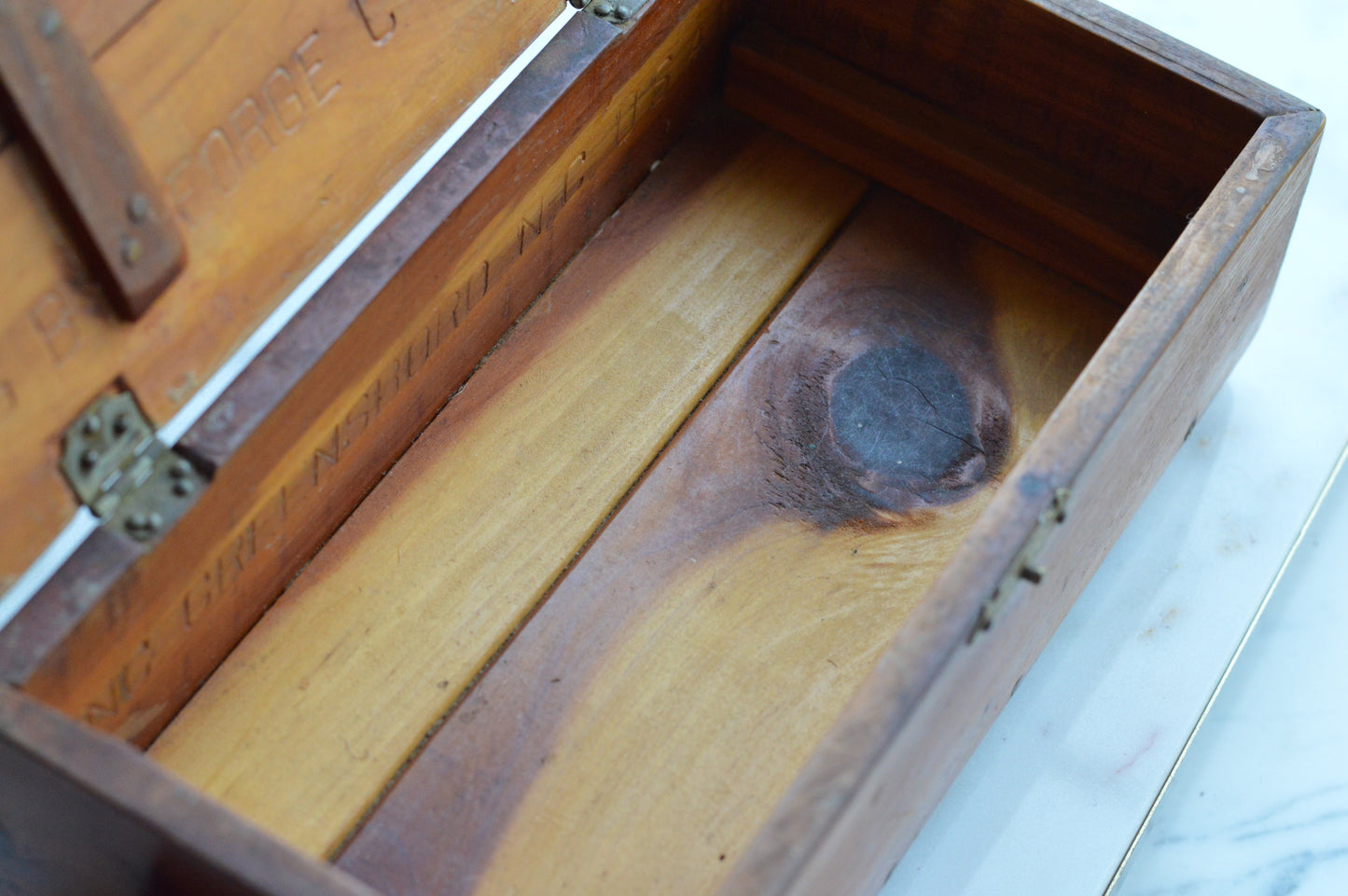 Vintage George C. Brown & Co. Cedar Keepsake Box – Antique Greensboro NC Advertising Crate, Rustic Wooden Treasure Chest
