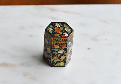 Vintage Chinese Cloisonné Hexagonal Trinket Box – Mid-Century Black Enamel Floral Motif – Small Brass Lidded Match Holder or Pill Box (2” Tall)