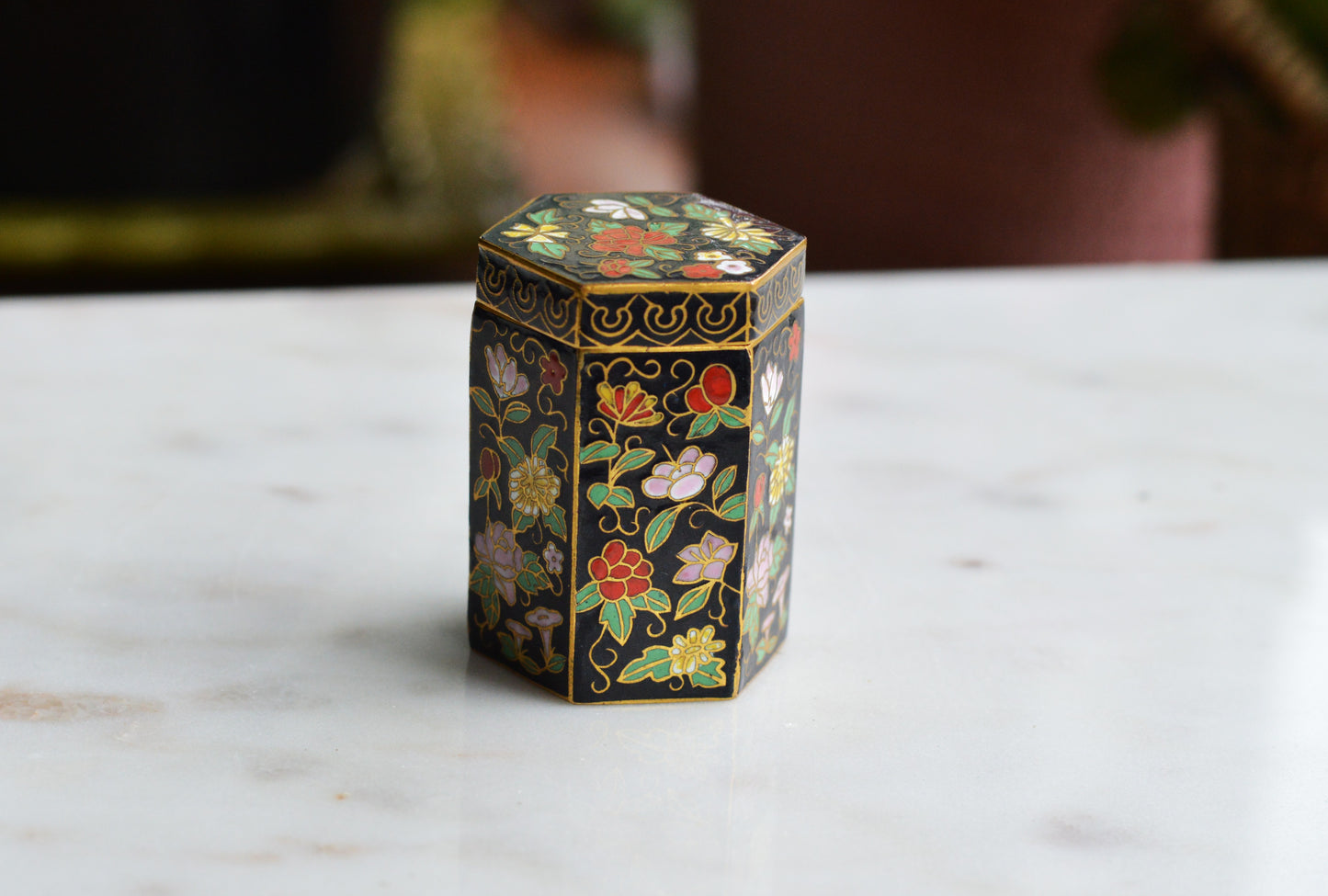 Vintage Chinese Cloisonné Hexagonal Trinket Box – Mid-Century Black Enamel Floral Motif – Small Brass Lidded Match Holder or Pill Box (2” Tall)