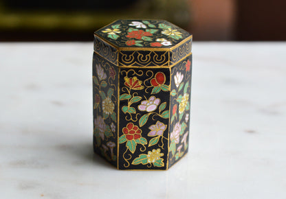 Vintage Chinese Cloisonné Hexagonal Trinket Box – Mid-Century Black Enamel Floral Motif – Small Brass Lidded Match Holder or Pill Box (2” Tall)