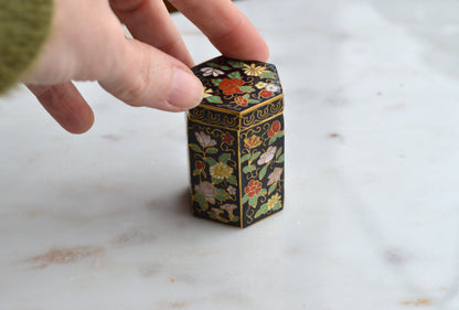 Vintage Chinese Cloisonné Hexagonal Trinket Box – Mid-Century Black Enamel Floral Motif – Small Brass Lidded Match Holder or Pill Box (2” Tall)