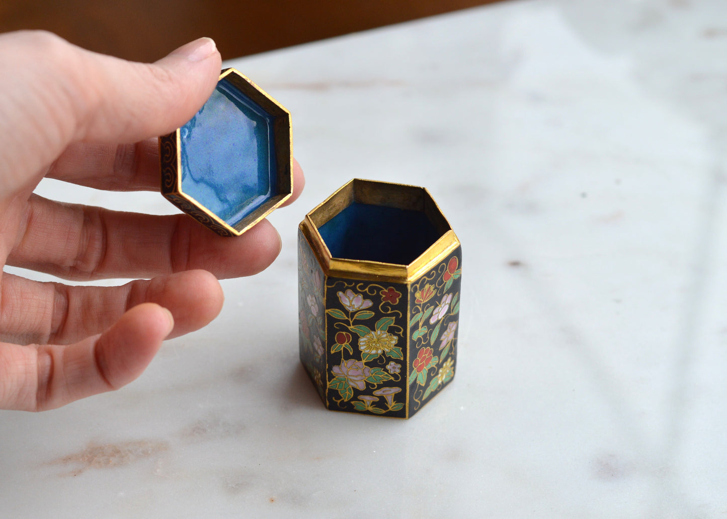 Vintage Chinese Cloisonné Hexagonal Trinket Box – Mid-Century Black Enamel Floral Motif – Small Brass Lidded Match Holder or Pill Box (2” Tall)