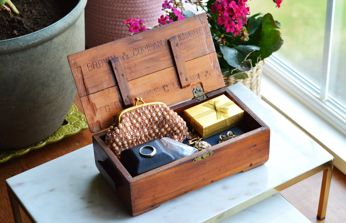 Vintage George C. Brown & Co. Cedar Keepsake Box – Antique Greensboro NC Advertising Crate, Rustic Wooden Treasure Chest