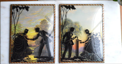 Vintage Pair of Reverse-Painted Glass Silhouettes - 6x8 Victorian Courting Scenes - Windmill Sunset & Water Pump - Striped Metal Frames