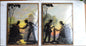 Vintage Pair of Reverse-Painted Glass Silhouettes - 6x8 Victorian Courting Scenes - Windmill Sunset & Water Pump - Striped Metal Frames