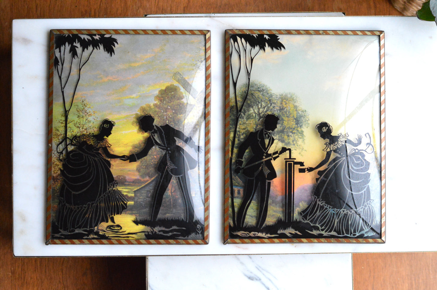 Vintage Pair of Reverse-Painted Glass Silhouettes - 6x8 Victorian Courting Scenes - Windmill Sunset & Water Pump - Striped Metal Frames