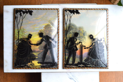 Vintage Pair of Reverse-Painted Glass Silhouettes - 6x8 Victorian Courting Scenes - Windmill Sunset & Water Pump - Striped Metal Frames