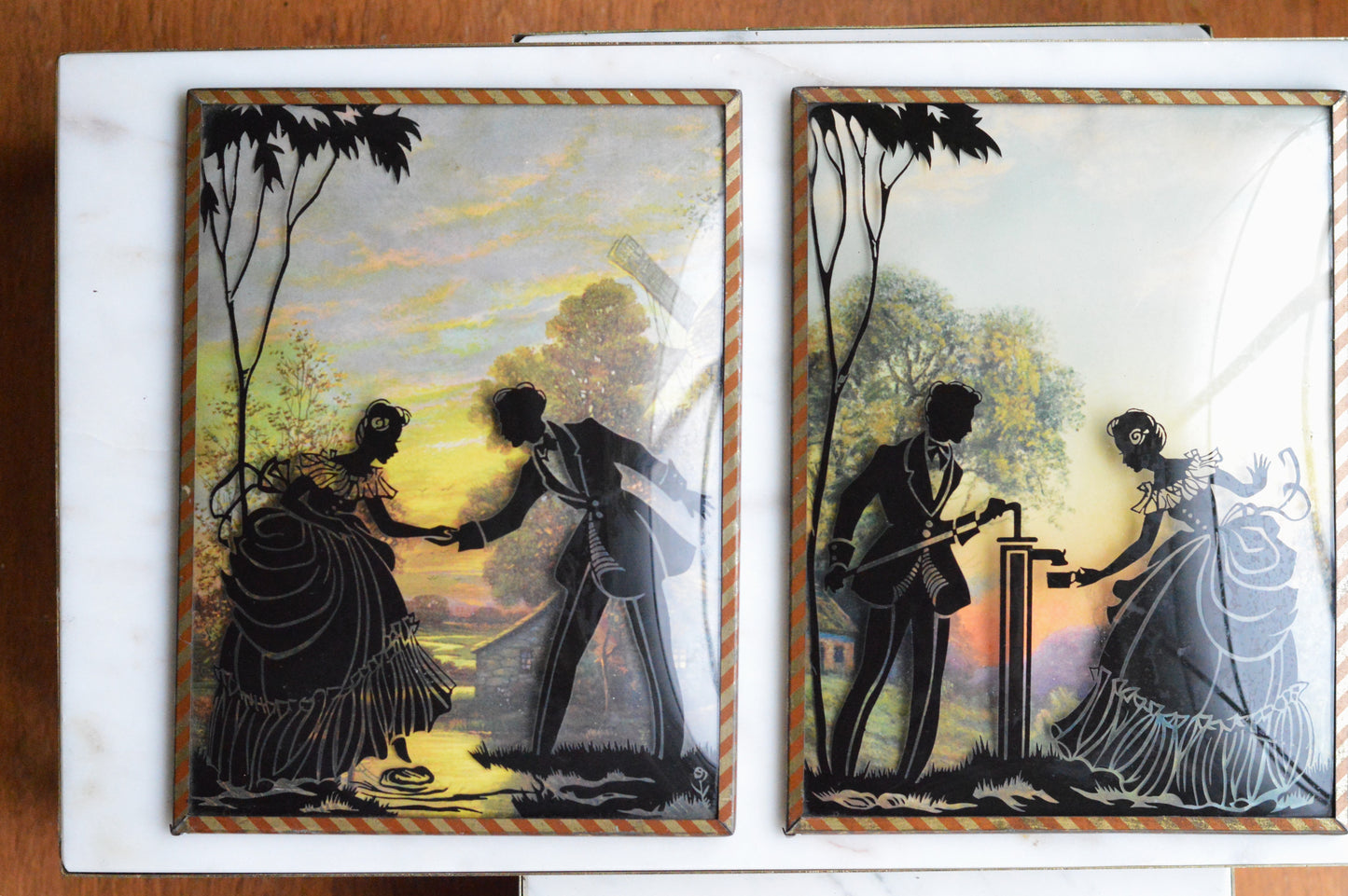 Vintage Pair of Reverse-Painted Glass Silhouettes - 6x8 Victorian Courting Scenes - Windmill Sunset & Water Pump - Striped Metal Frames