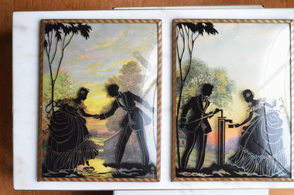 Vintage Pair of Reverse-Painted Glass Silhouettes - 6x8 Victorian Courting Scenes - Windmill Sunset & Water Pump - Striped Metal Frames