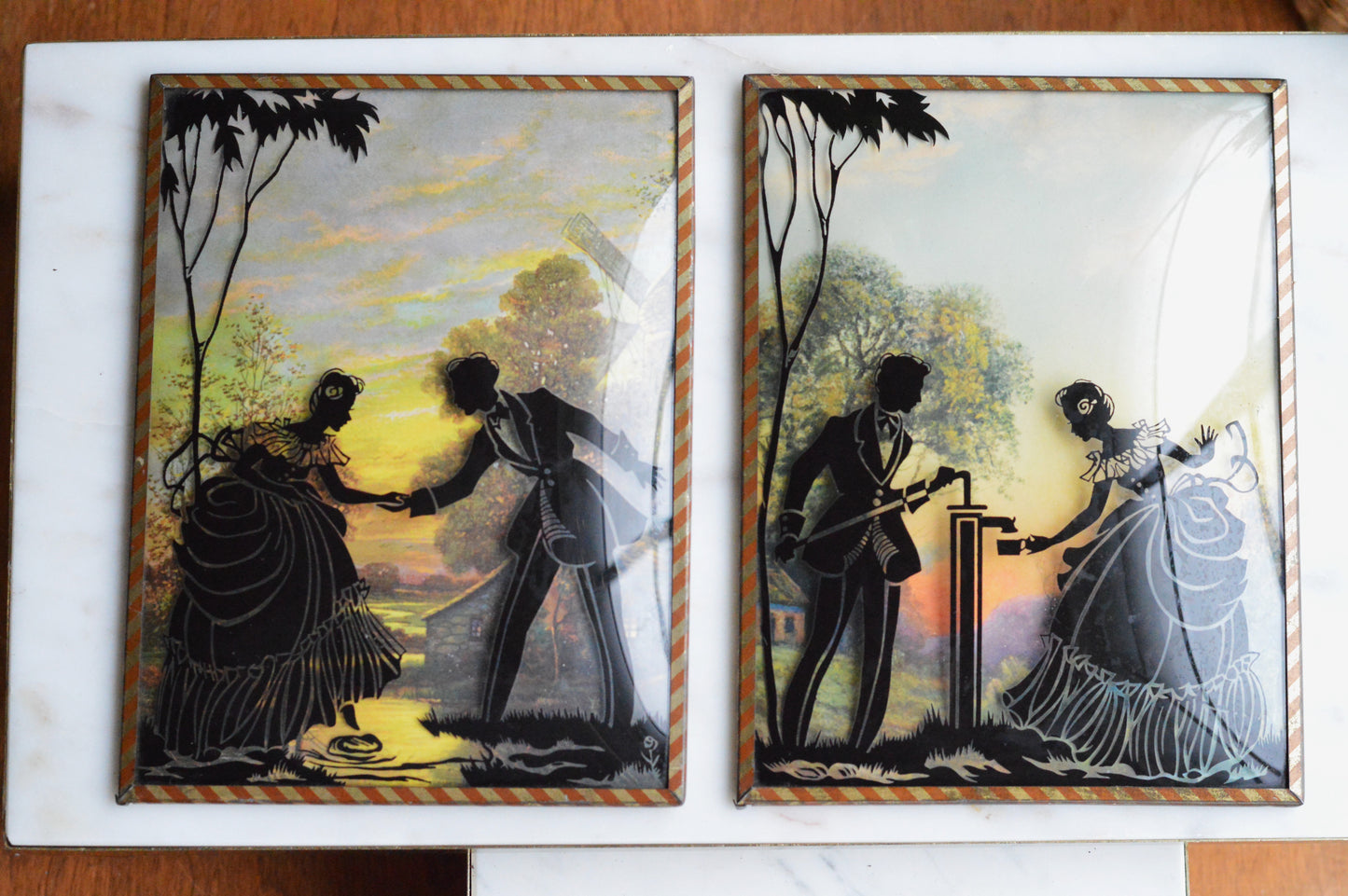 Vintage Pair of Reverse-Painted Glass Silhouettes - 6x8 Victorian Courting Scenes - Windmill Sunset & Water Pump - Striped Metal Frames