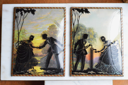 Vintage Pair of Reverse-Painted Glass Silhouettes - 6x8 Victorian Courting Scenes - Windmill Sunset & Water Pump - Striped Metal Frames