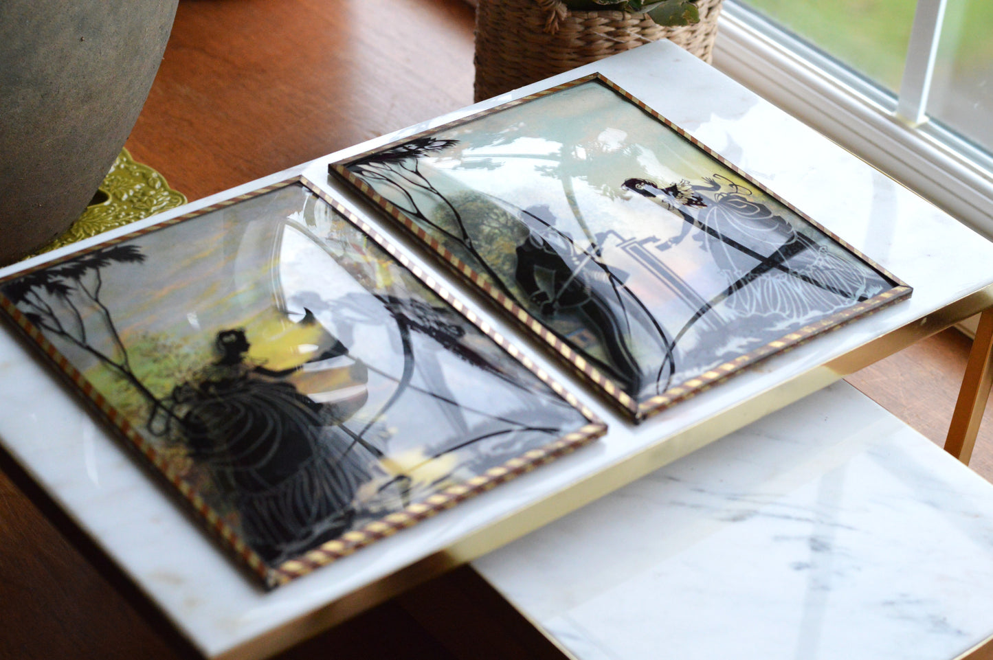 Vintage Pair of Reverse-Painted Glass Silhouettes - 6x8 Victorian Courting Scenes - Windmill Sunset & Water Pump - Striped Metal Frames