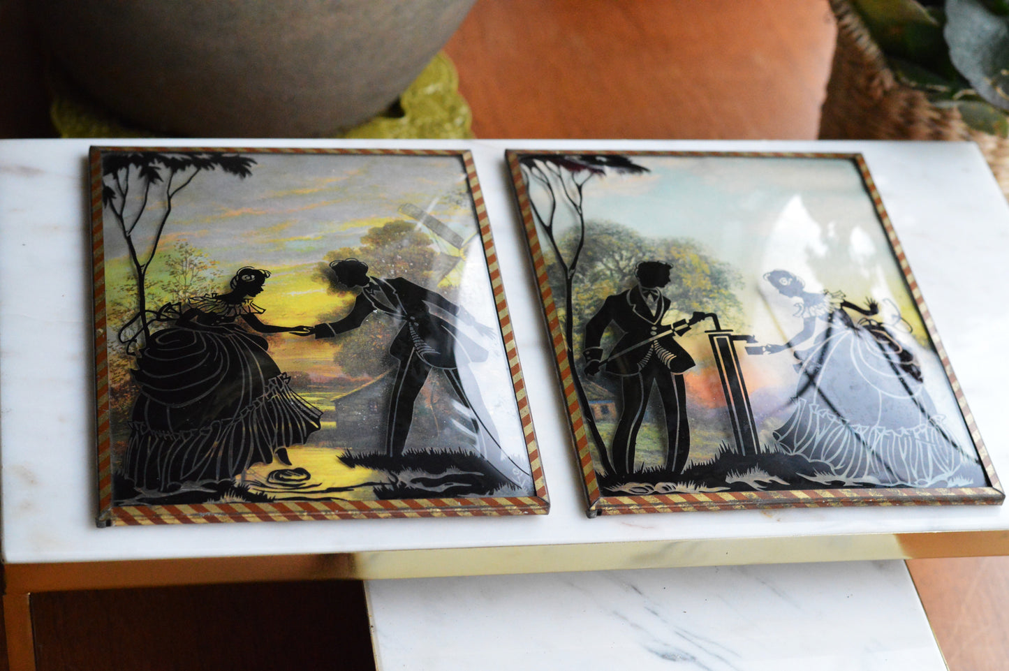 Vintage Pair of Reverse-Painted Glass Silhouettes - 6x8 Victorian Courting Scenes - Windmill Sunset & Water Pump - Striped Metal Frames