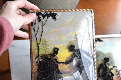 Vintage Pair of Reverse-Painted Glass Silhouettes - 6x8 Victorian Courting Scenes - Windmill Sunset & Water Pump - Striped Metal Frames