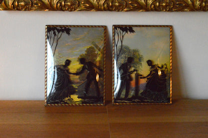 Vintage Pair of Reverse-Painted Glass Silhouettes - 6x8 Victorian Courting Scenes - Windmill Sunset & Water Pump - Striped Metal Frames