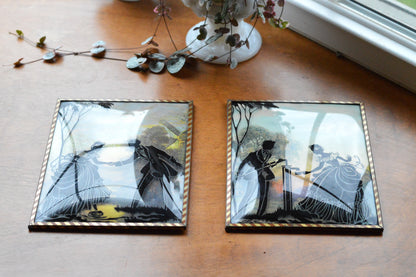 Vintage Pair of Reverse-Painted Glass Silhouettes - 6x8 Victorian Courting Scenes - Windmill Sunset & Water Pump - Striped Metal Frames
