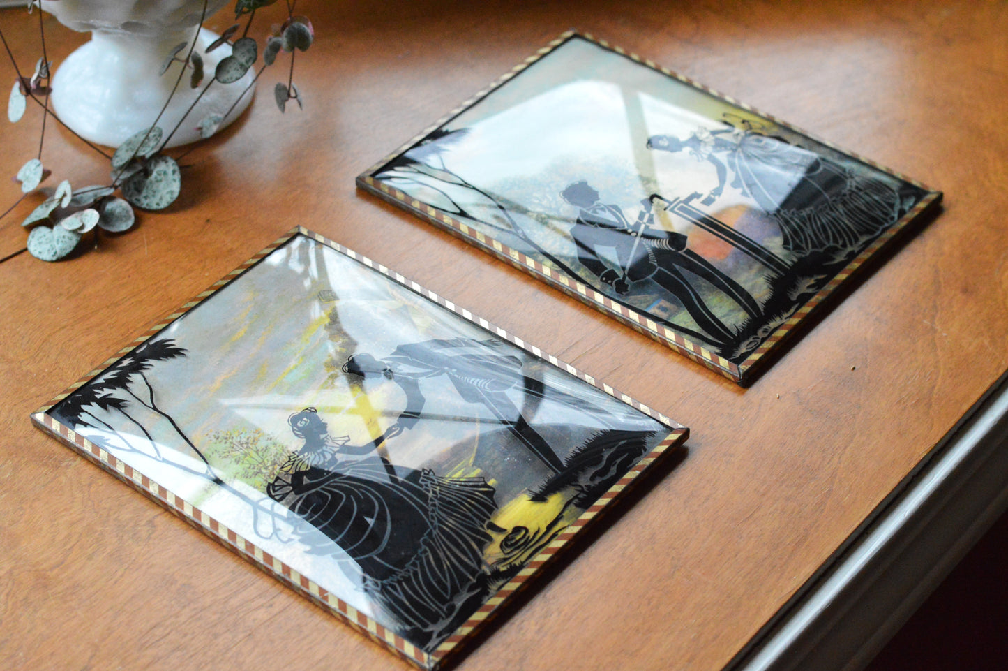 Vintage Pair of Reverse-Painted Glass Silhouettes - 6x8 Victorian Courting Scenes - Windmill Sunset & Water Pump - Striped Metal Frames