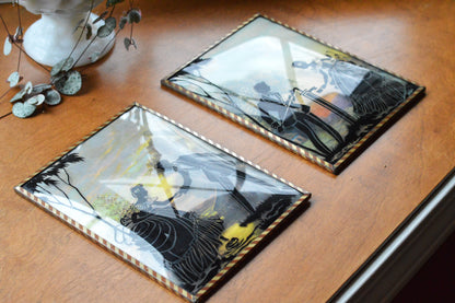Vintage Pair of Reverse-Painted Glass Silhouettes - 6x8 Victorian Courting Scenes - Windmill Sunset & Water Pump - Striped Metal Frames