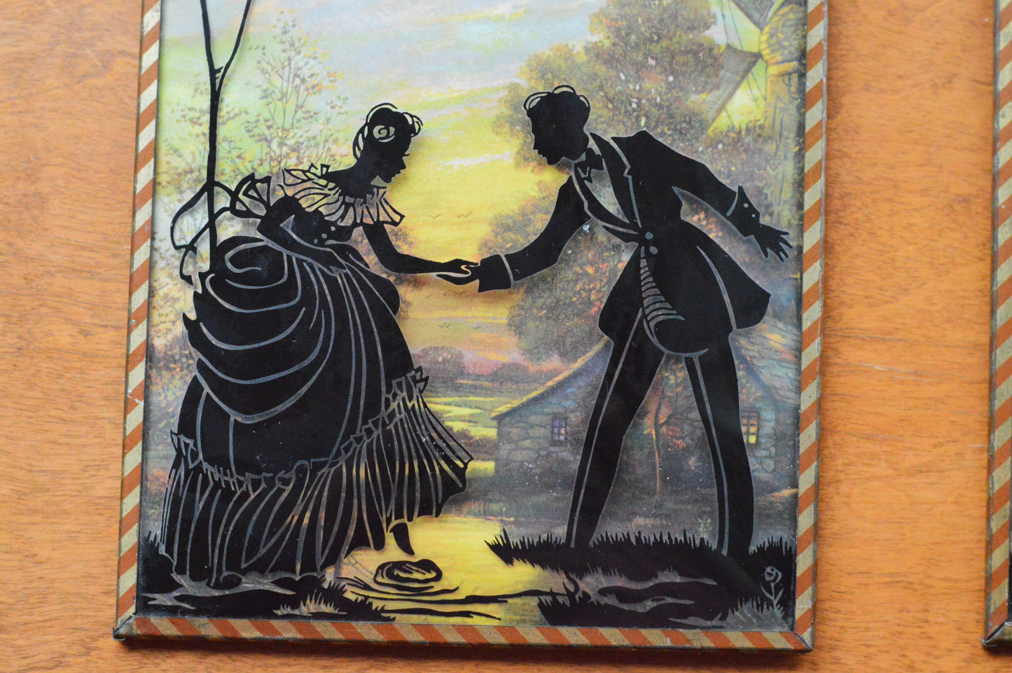 Vintage Pair of Reverse-Painted Glass Silhouettes - 6x8 Victorian Courting Scenes - Windmill Sunset & Water Pump - Striped Metal Frames