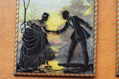 Vintage Pair of Reverse-Painted Glass Silhouettes - 6x8 Victorian Courting Scenes - Windmill Sunset & Water Pump - Striped Metal Frames