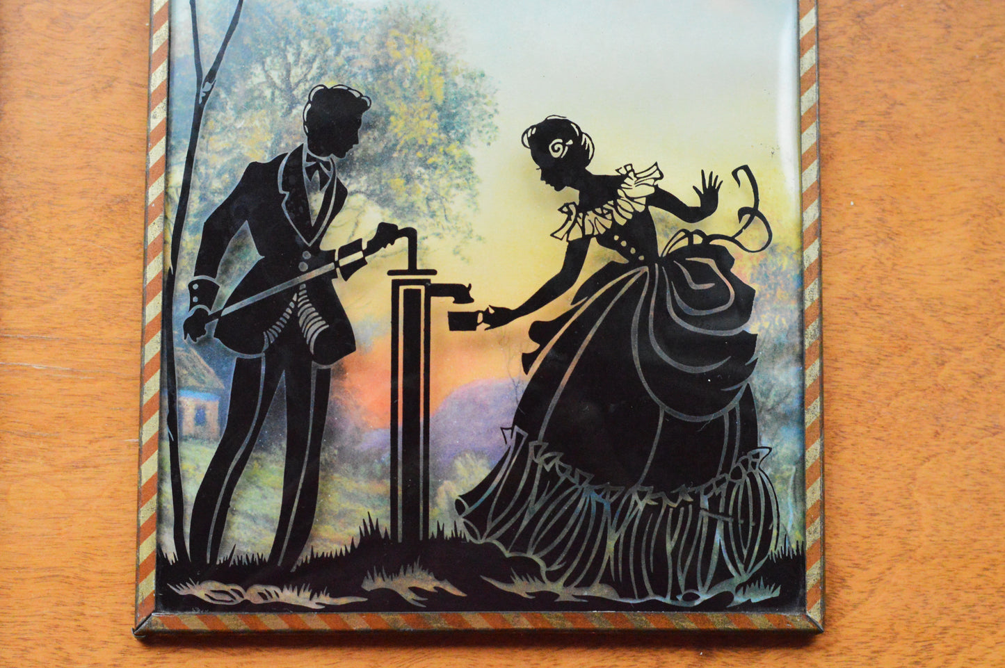Vintage Pair of Reverse-Painted Glass Silhouettes - 6x8 Victorian Courting Scenes - Windmill Sunset & Water Pump - Striped Metal Frames
