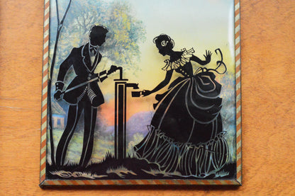 Vintage Pair of Reverse-Painted Glass Silhouettes - 6x8 Victorian Courting Scenes - Windmill Sunset & Water Pump - Striped Metal Frames