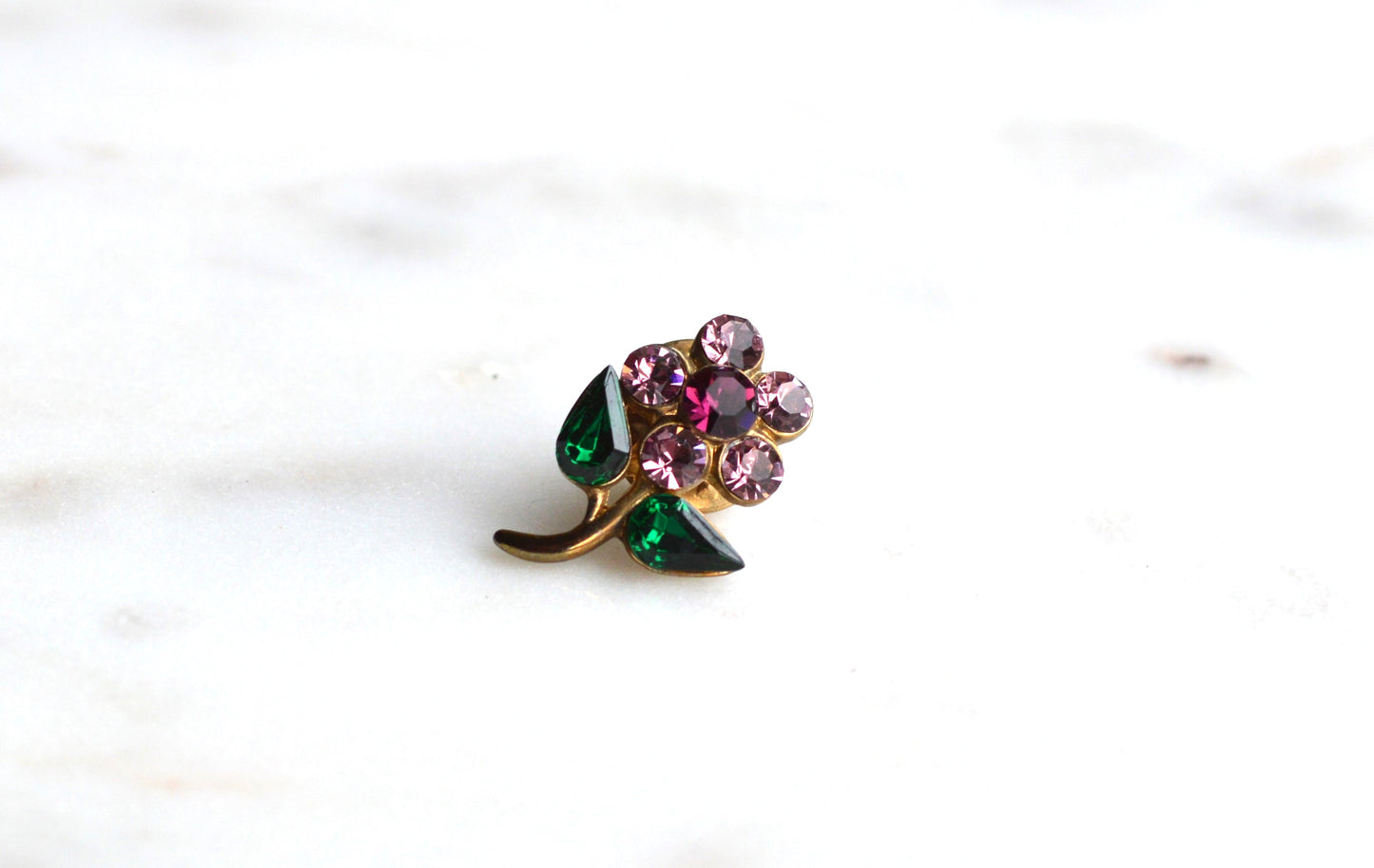 Vintage 1960's Gold-Tone Rhinestone Flower Pin - Purple & Emerald Green Crystal Floral Brooch