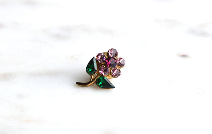 Vintage 1960's Gold-Tone Rhinestone Flower Pin - Purple & Emerald Green Crystal Floral Brooch