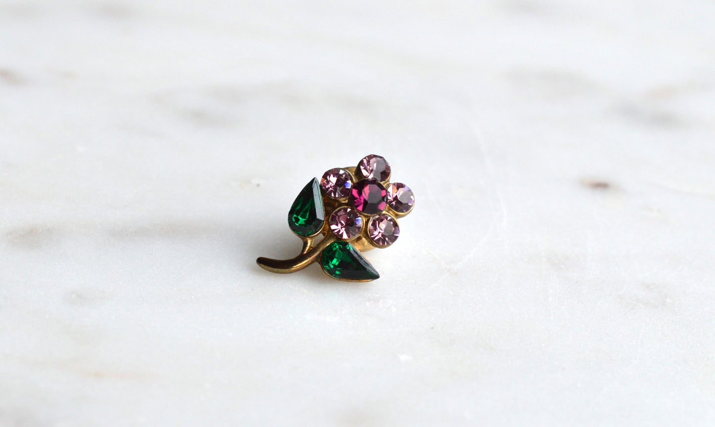 Vintage 1960's Gold-Tone Rhinestone Flower Pin - Purple & Emerald Green Crystal Floral Brooch