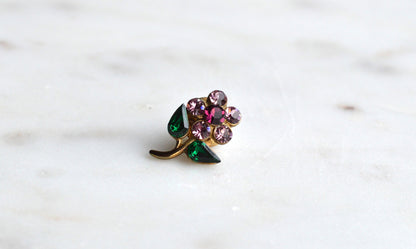 Vintage 1960's Gold-Tone Rhinestone Flower Pin - Purple & Emerald Green Crystal Floral Brooch