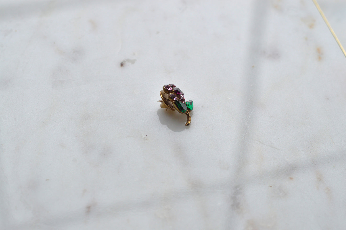 Vintage 1960's Gold-Tone Rhinestone Flower Pin - Purple & Emerald Green Crystal Floral Brooch