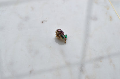 Vintage 1960's Gold-Tone Rhinestone Flower Pin - Purple & Emerald Green Crystal Floral Brooch