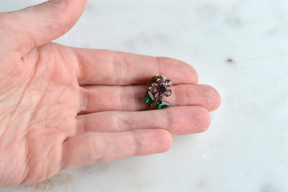 Vintage 1960's Gold-Tone Rhinestone Flower Pin - Purple & Emerald Green Crystal Floral Brooch