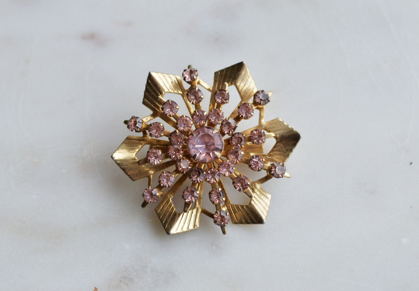 Vintage Pink Rhinestone Starburst Brooch, Gold Tone MCM Atomic Sunburst Pin, 1950s-60s Costume Jewelry Gift for Her